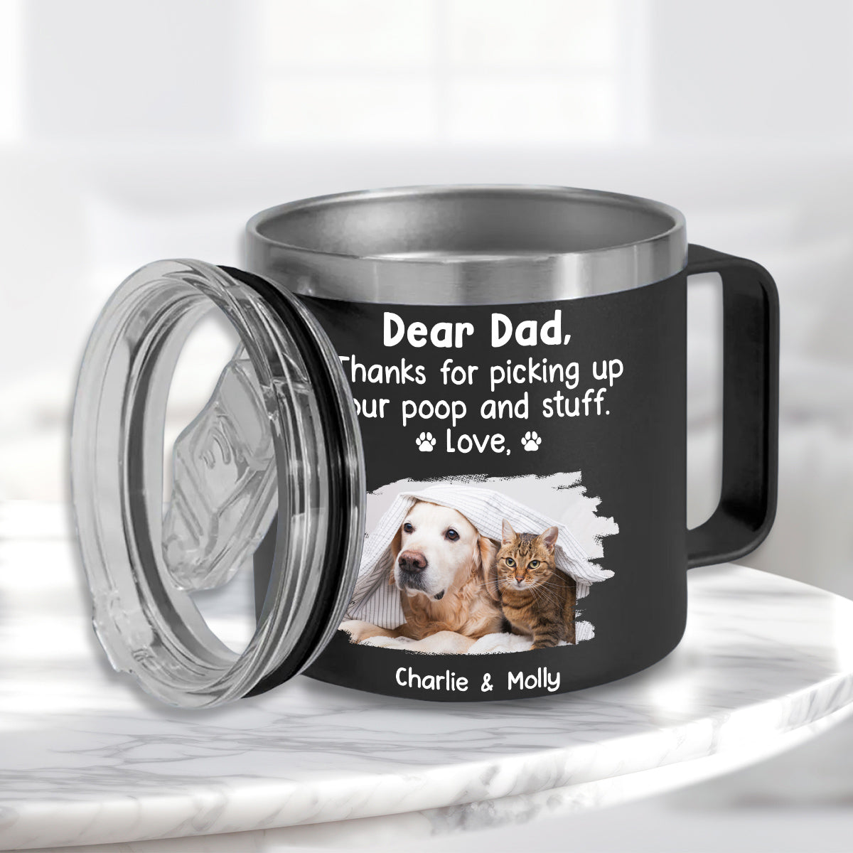 Personalized 14oz Stainless Steel Tumbler with Handle - Thanks For Being My Human Servant Photo