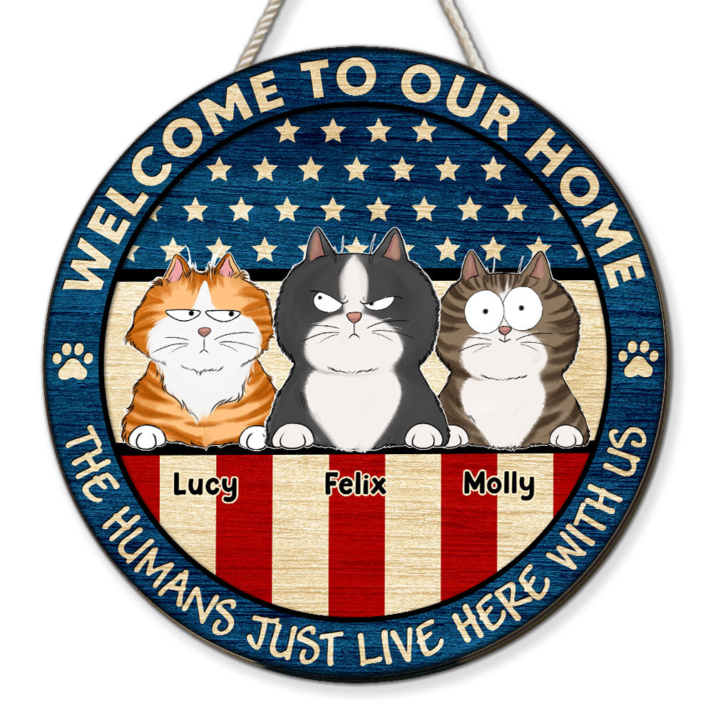 Welcome To Our Home Personalized Custom Wood Sign with Peeking Cat - High - Quality, Vibrant, Various Sizes