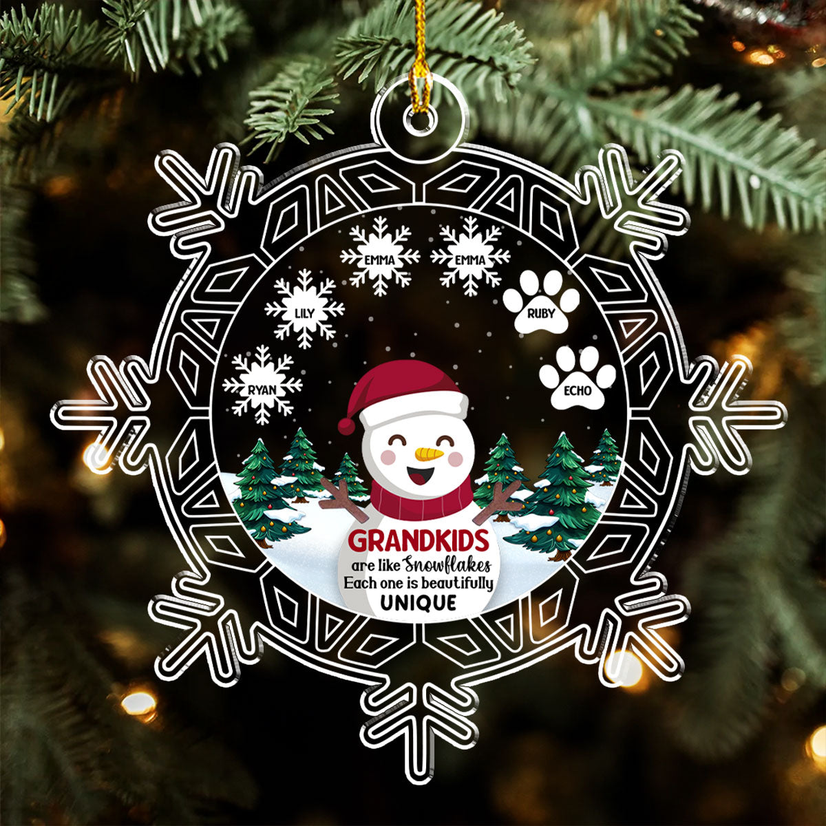 Snowman Grandma And Grandkids - Exquisite Personalized Custom Acrylic Christmas Ornament