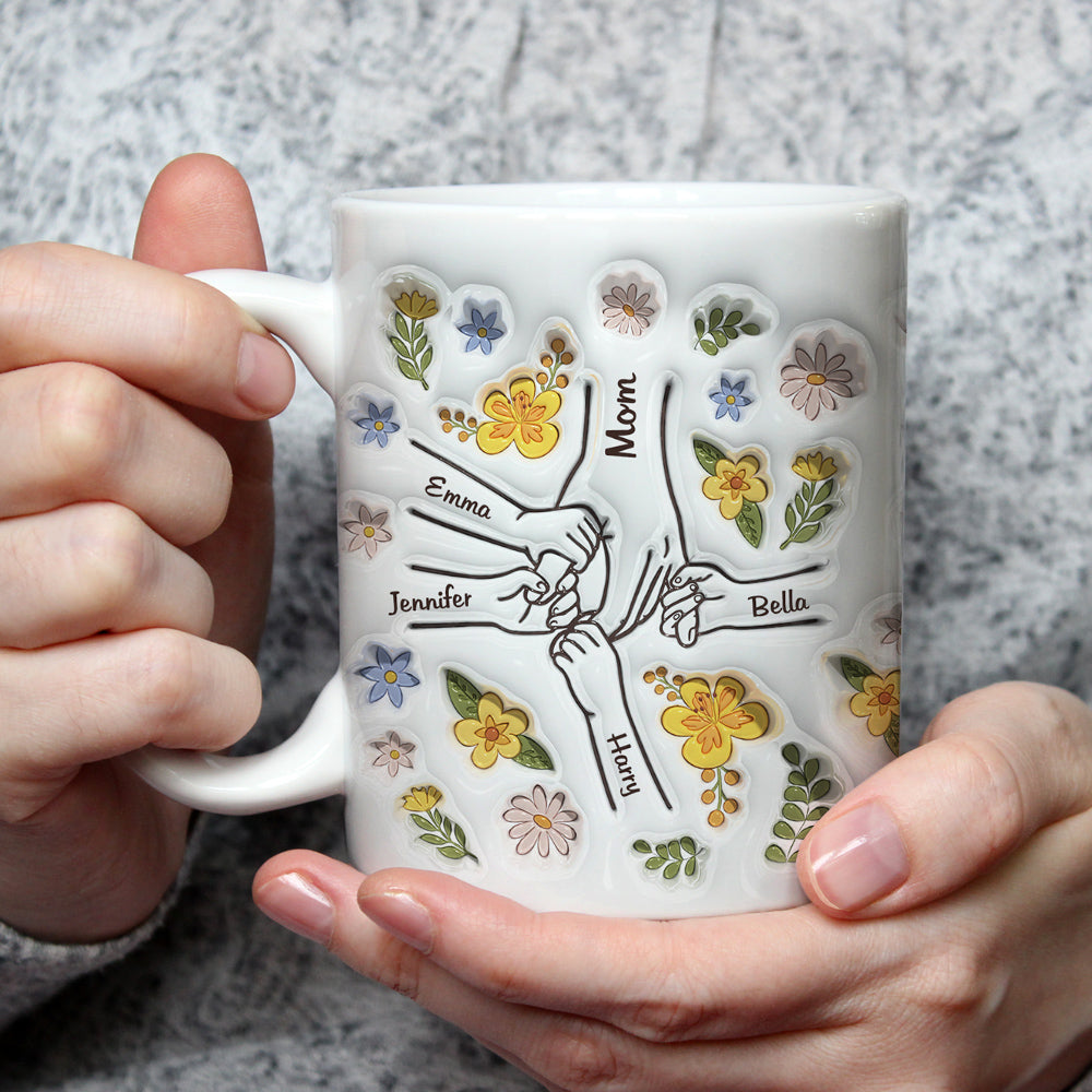 Mom Holds Our Hands and Hearts - Personalized Custom 3D Inflated Effect 11oz and 15oz Ceramic Mug