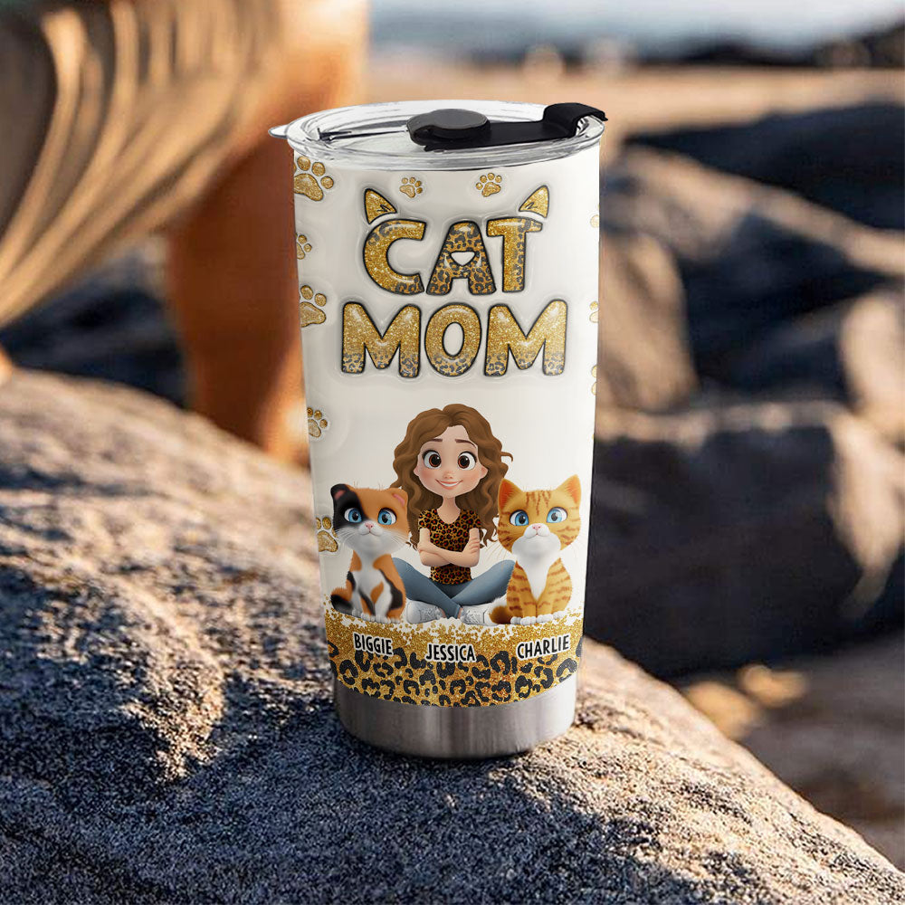 Cat Mom Leopard Personalized Custom 3D Inflated Effect 20oz Stainless Steel Tumbler