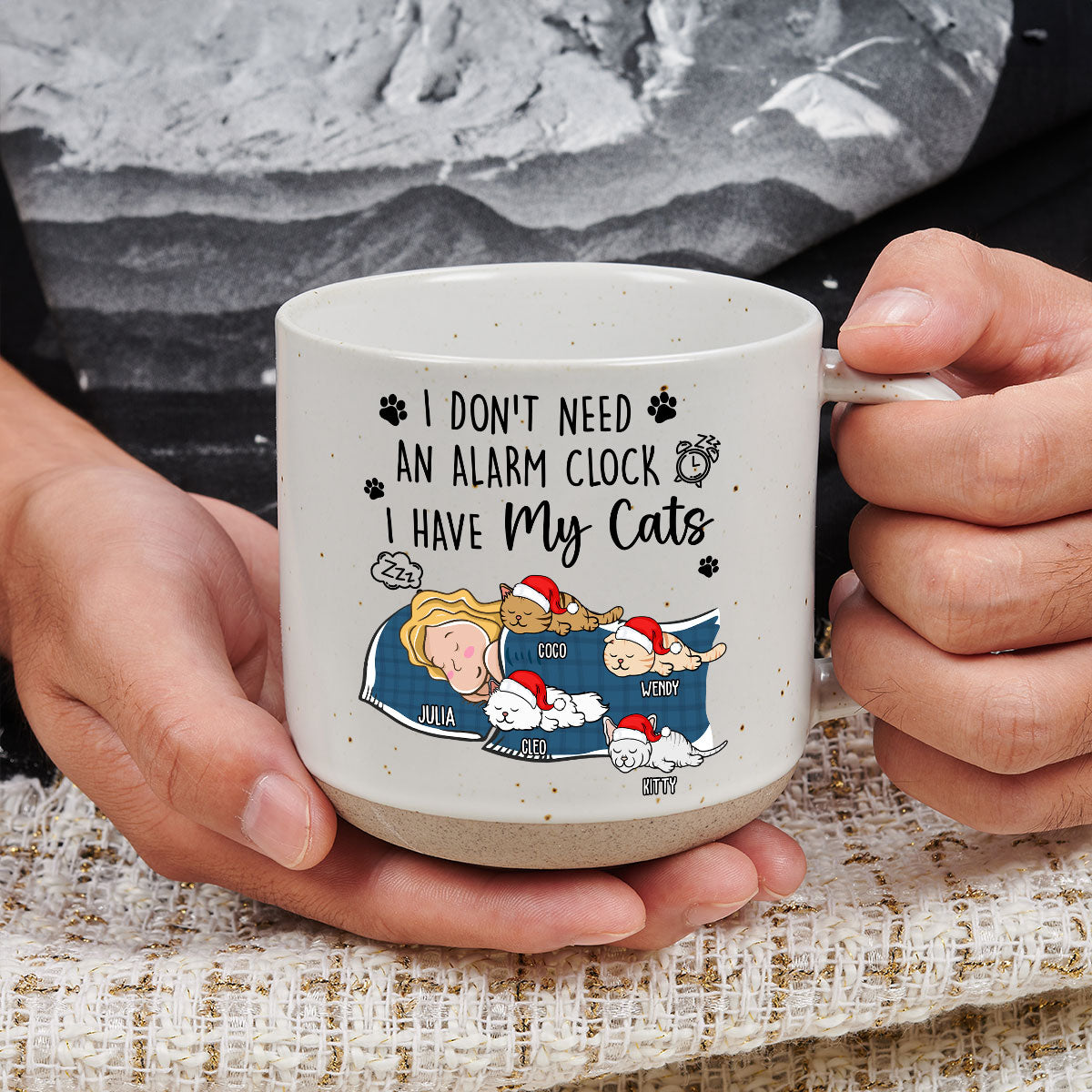 Personalized Custom Ceramic 11oz My Cat Alarm Clock Pottery Mug in Dark Blue or White