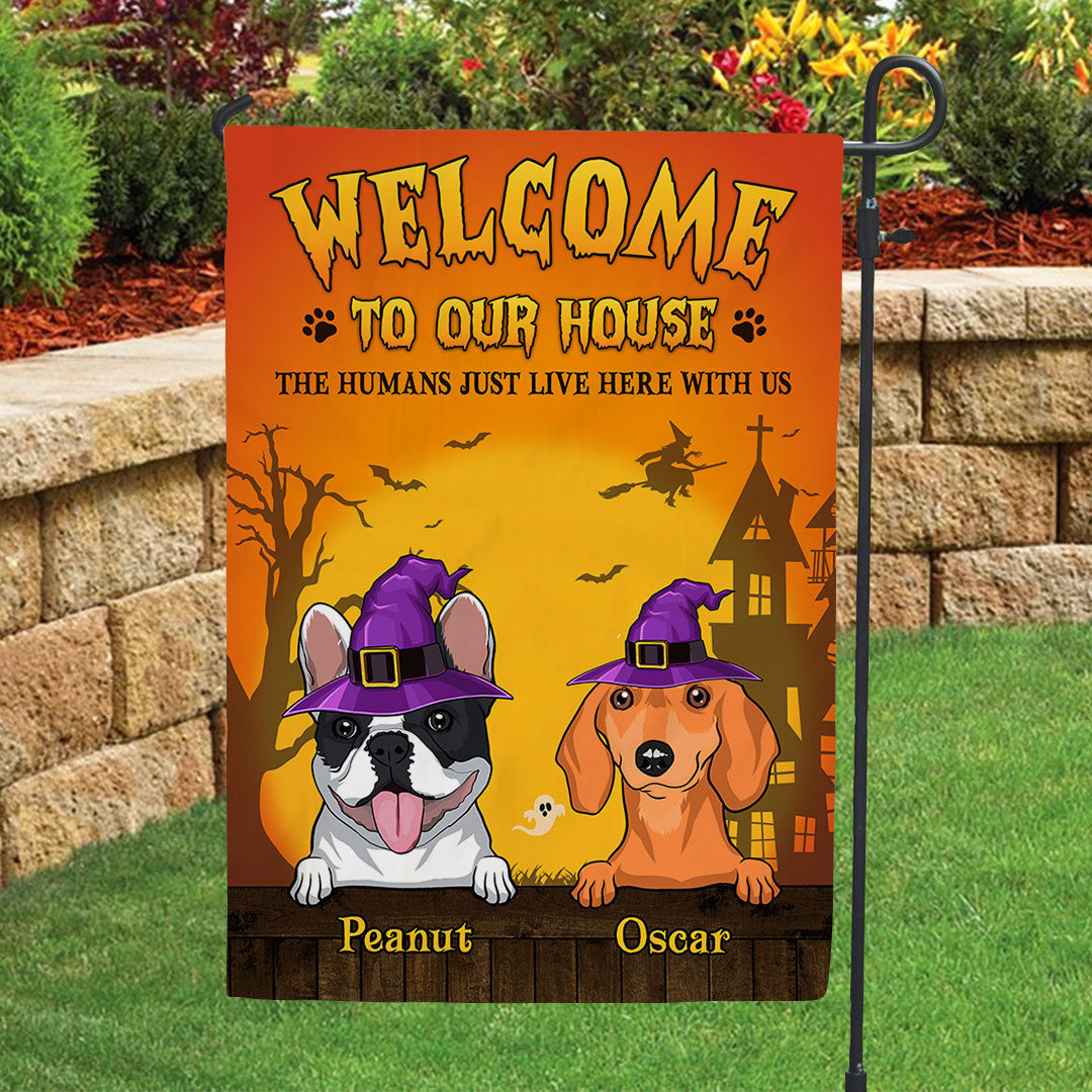 We Live Here - Customizable Personalized Garden Flag for Pet Lovers in 12' x 18' and 28' x 40' Sizes