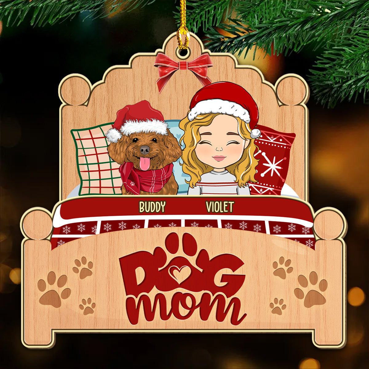 Sleepy Dog Mom - Exclusive Personalized Custom Wood Christmas Ornament