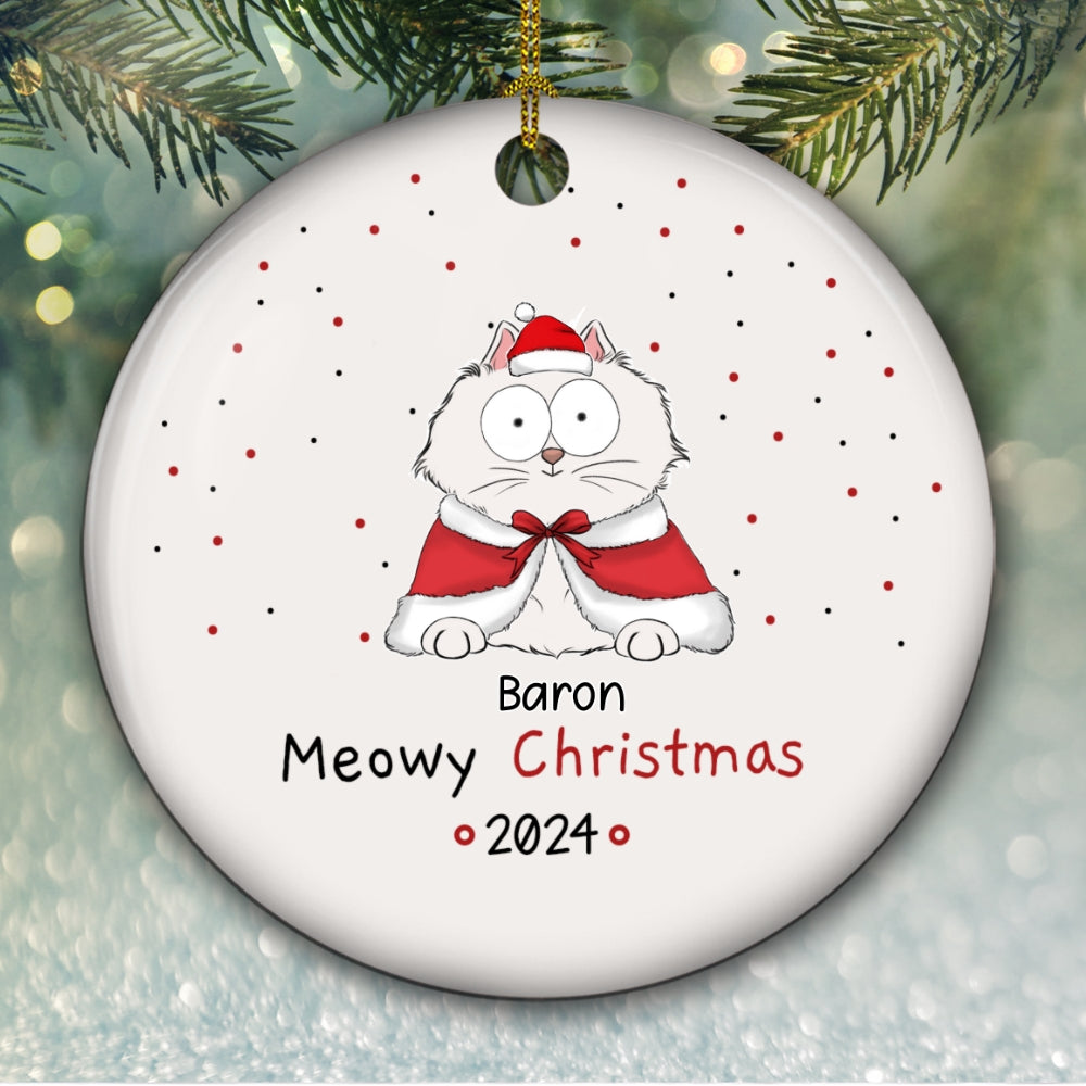 Meowy Christmas - Personalized Custom Circle Ceramic Christmas Ornament with Premium White Color and 3' Diameter