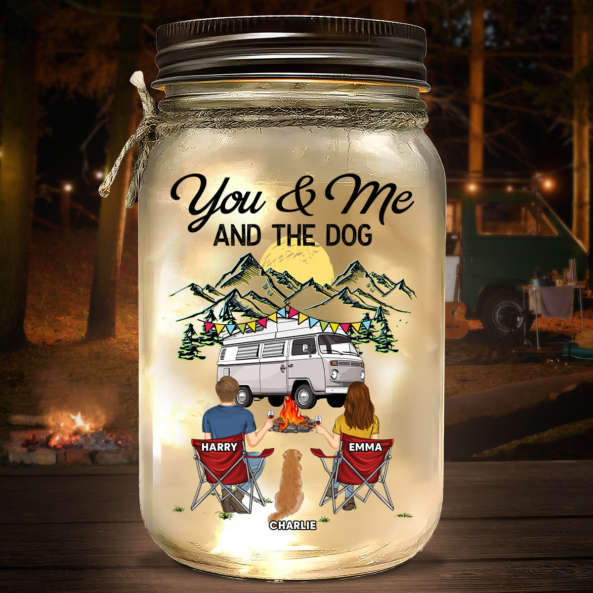 You & Me And The Dogs - Personalized Custom 16oz Mason Jar Light with Warm Starlight Effect