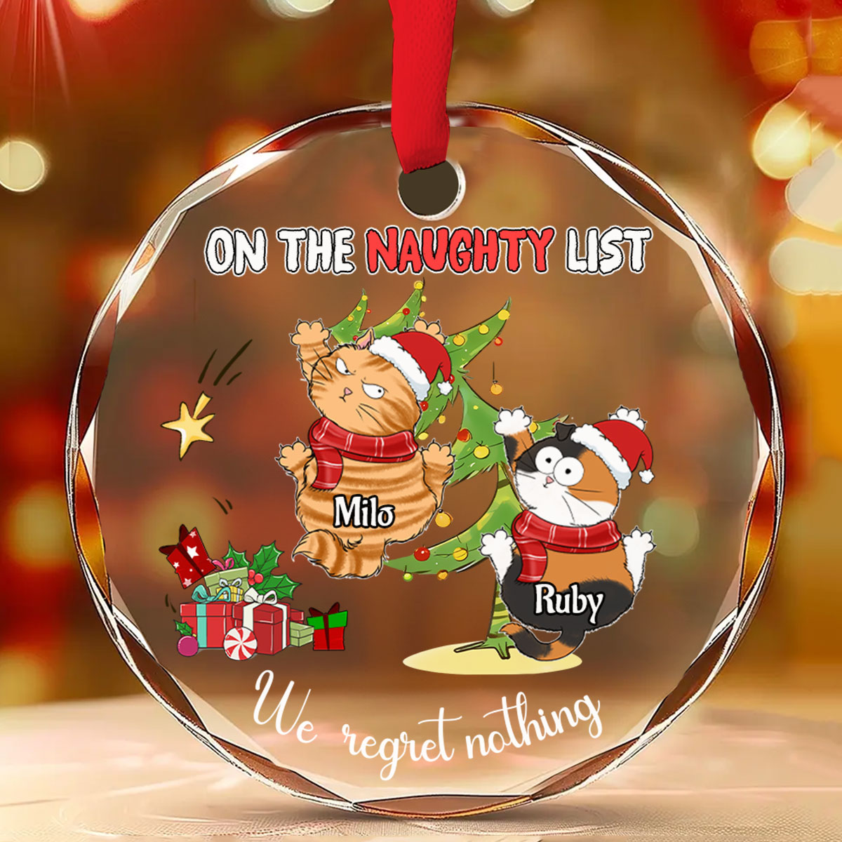 Naughty Cats Love Christmas - Personalized Custom 8mm Thick 3.07-inch Tall Clear Glass Ornament