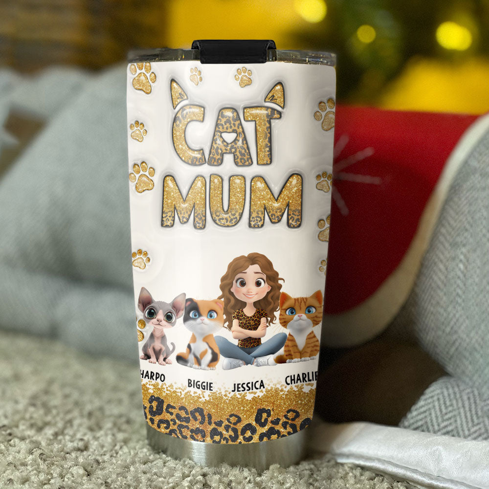 Cat Mom Leopard Personalized Custom 3D Inflated Effect 20oz Stainless Steel Tumbler
