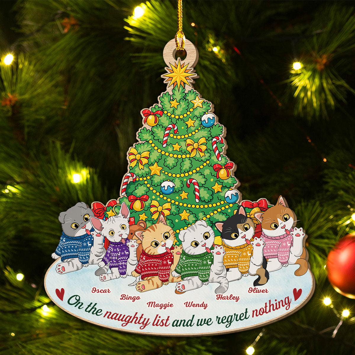 Adorable Naughty Cat Licking - Customizable 1 - Layered Personalized Wood Christmas Ornament