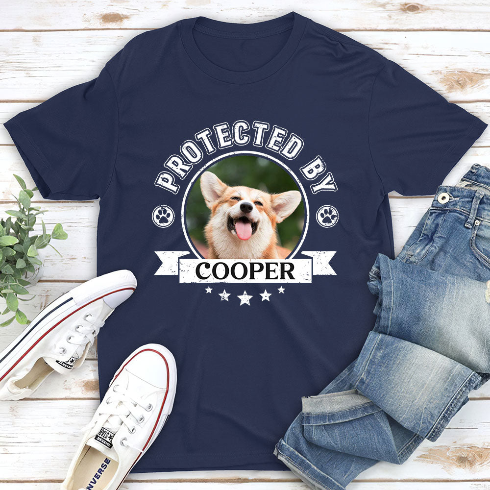 Protected By Human Dog Photo - Personalized Custom Unisex 5.3 oz T-Shirt for Pet Lovers