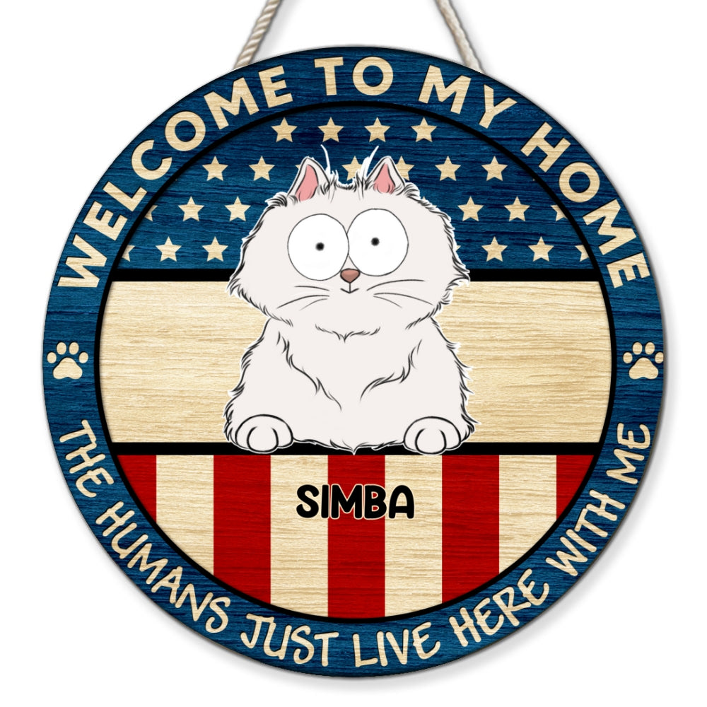 Welcome To Our Home Personalized Custom Wood Sign with Peeking Cat - High - Quality, Vibrant, Various Sizes