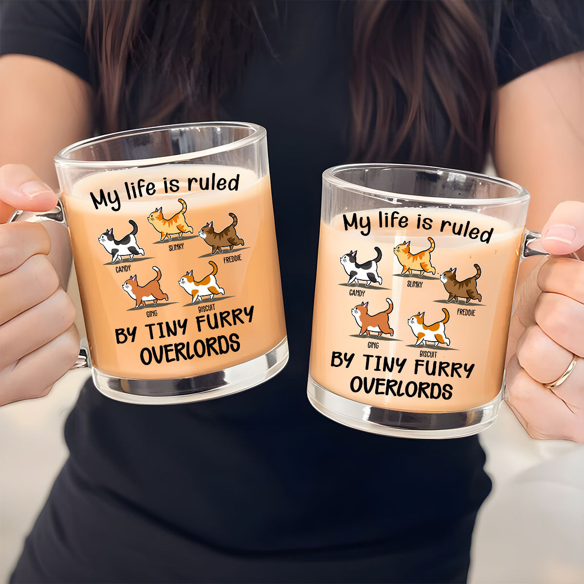 Ruled By Tiny Furry Overlords - Personalized Custom Glass Mug with Elegant Glossy Finish and Ergonomic Handle