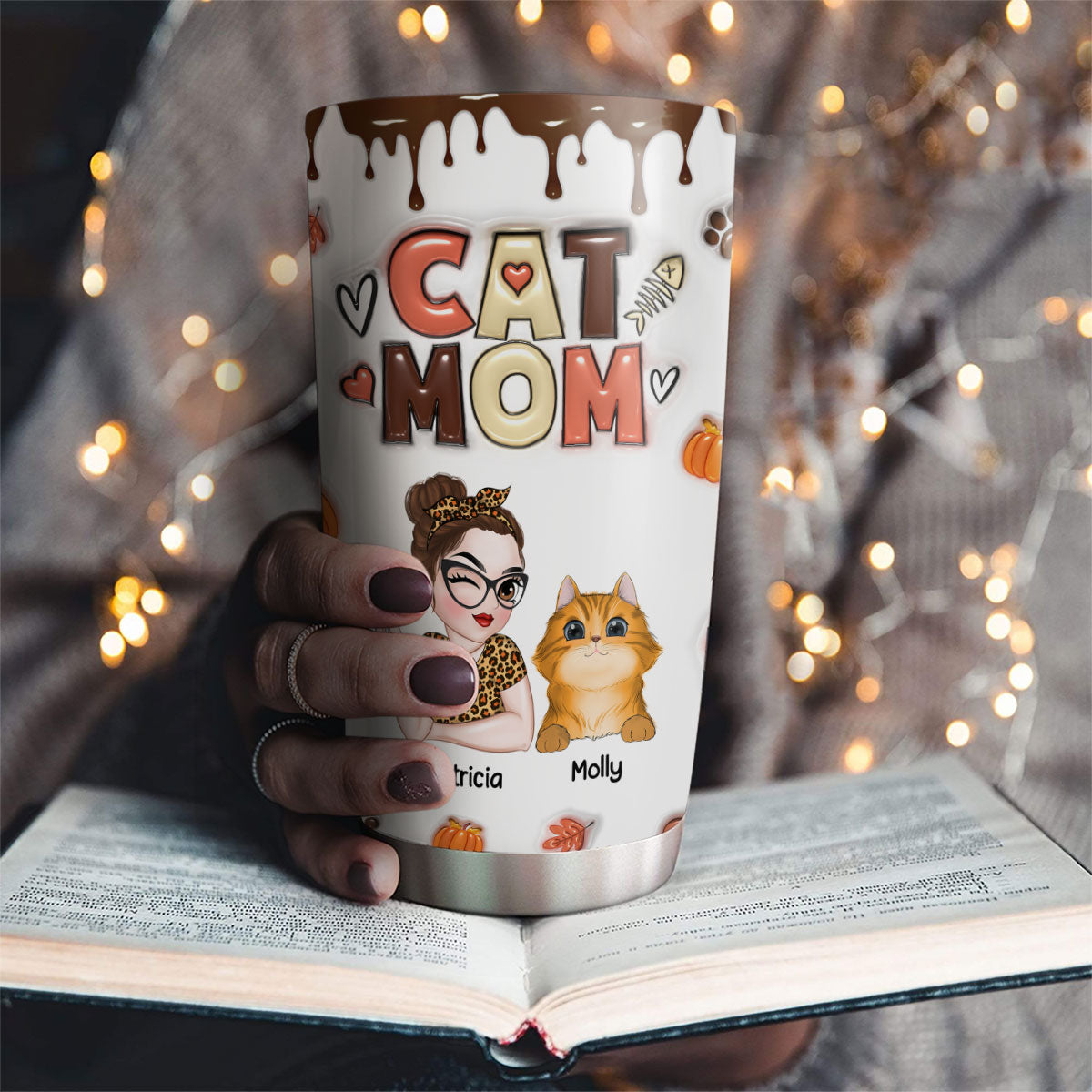 Fall Season Personalized Custom 3D Inflated Effect Mom Of Cats Tumbler - 20oz High - Quality Stainless Steel