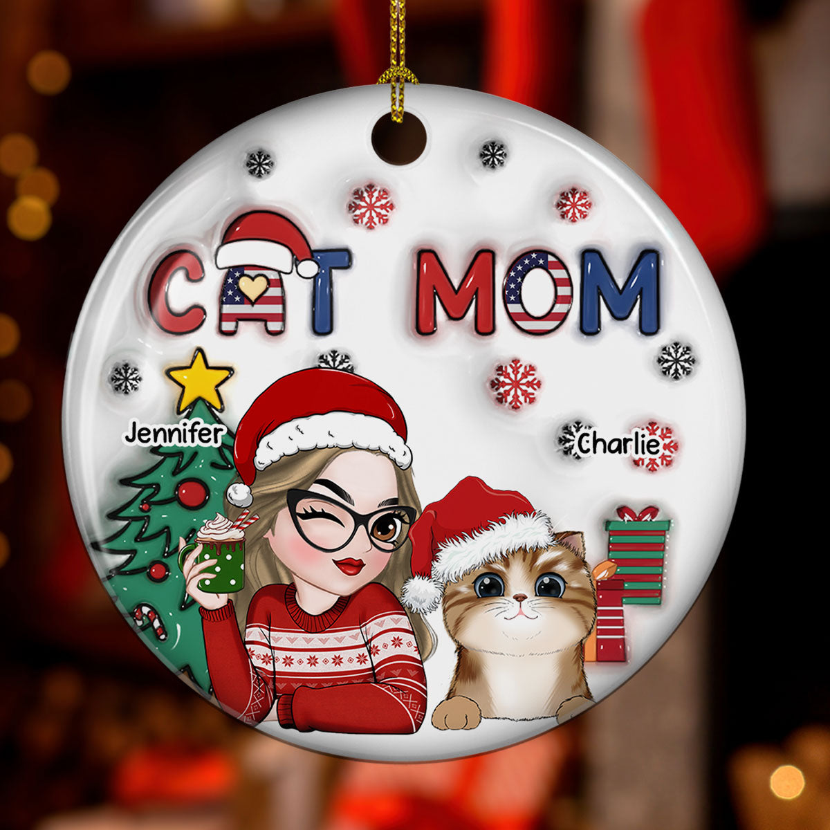 Unique American Cat Mom Christmas - Personalized Custom 3D Inflated Effect White Ceramic Ornament