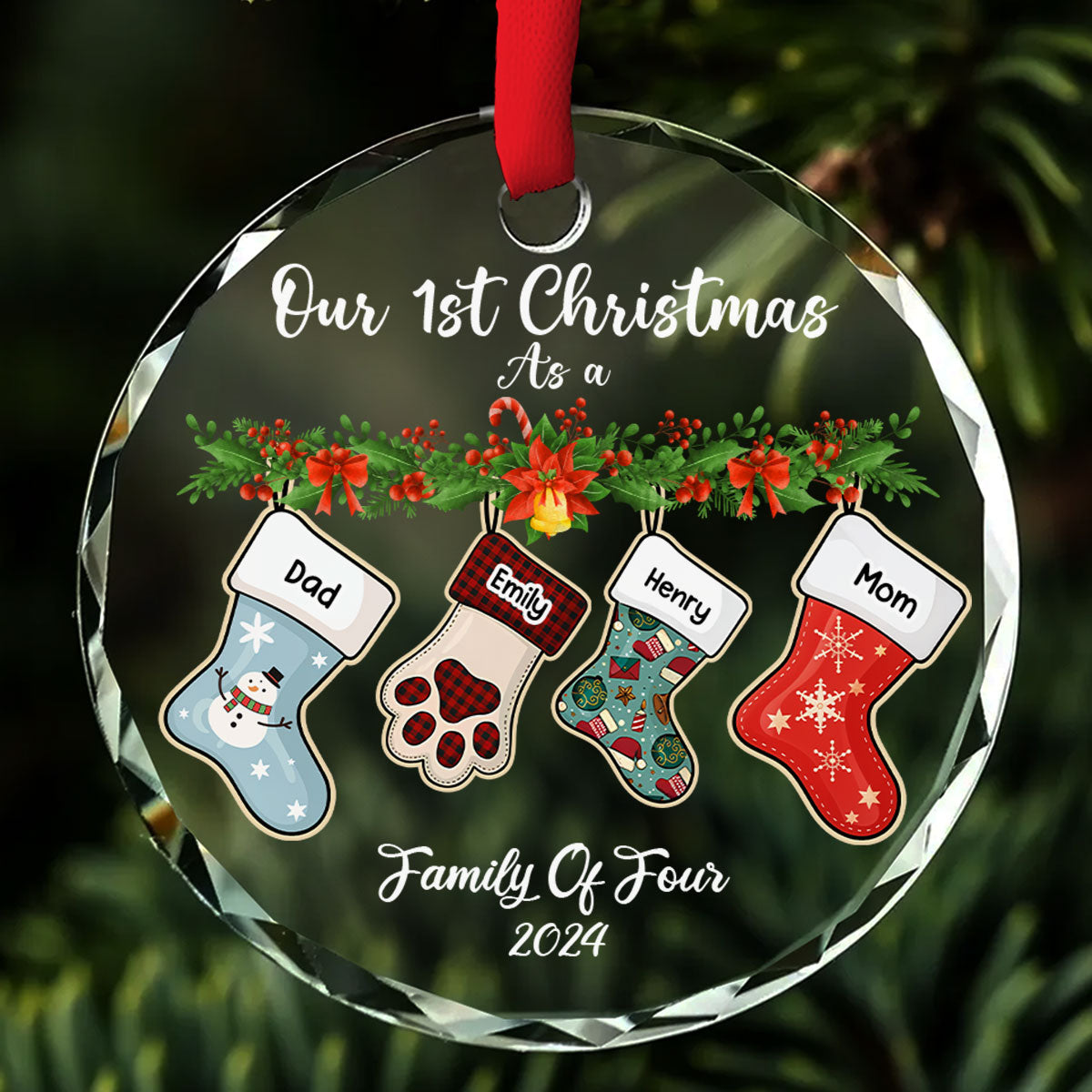 Personalized Custom Family Stocking Glass Ornament - 8mm Thick, 3.07 Inches Tall