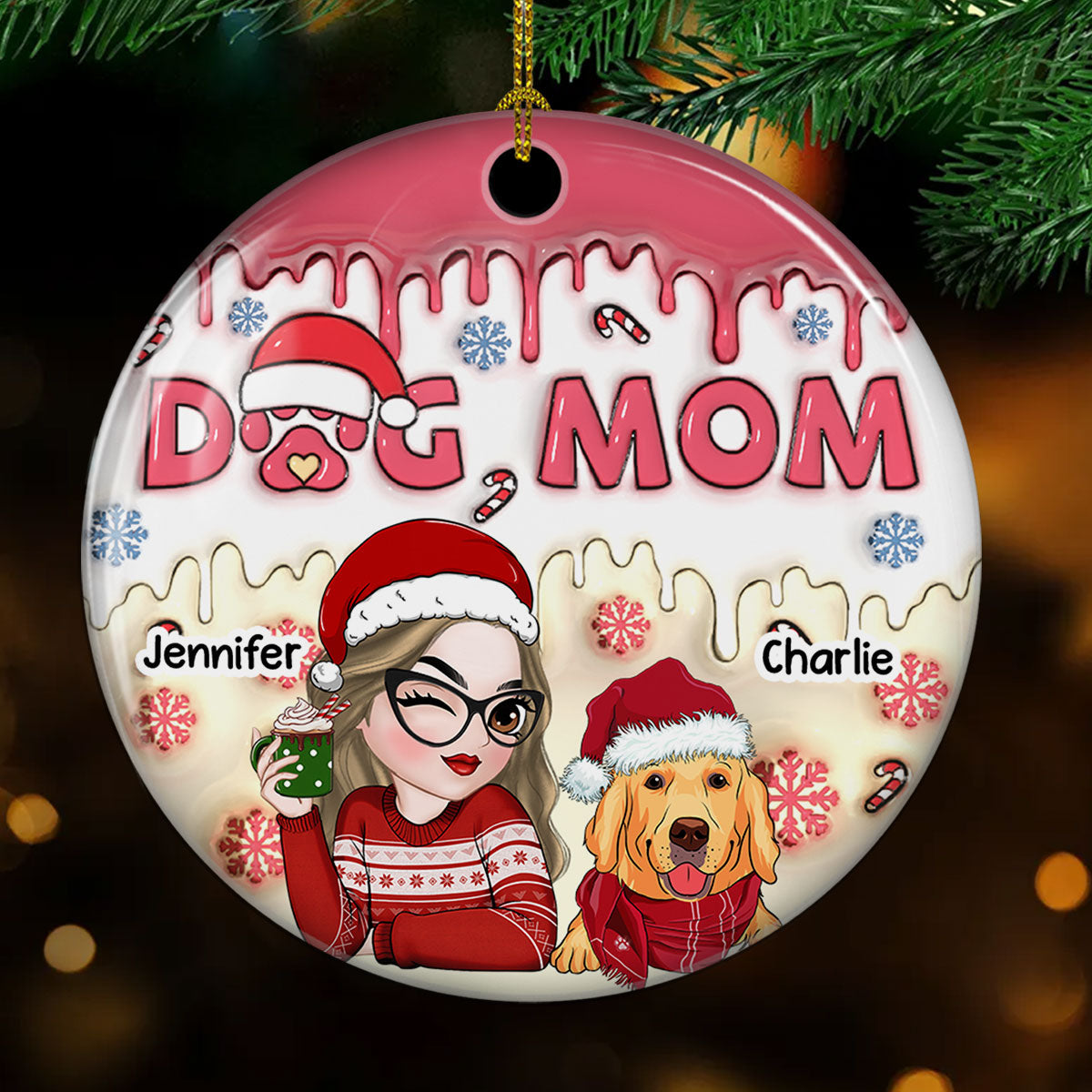 Dog Mom's Joyful Pawlidays - Customizable 3D Inflated Effect Personalized Ceramic Christmas Ornament