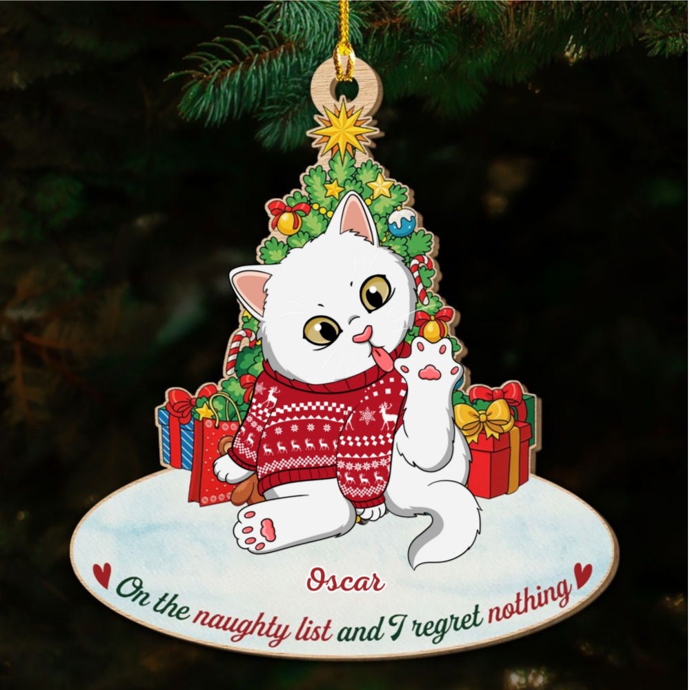 Adorable Naughty Cat Licking - Customizable 1 - Layered Personalized Wood Christmas Ornament