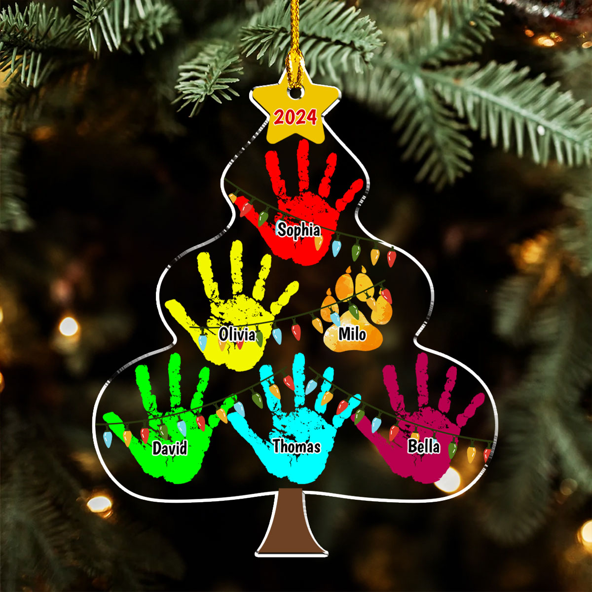 Customizable Family Handprints Tree Personalized Acrylic Christmas Ornament in 3 Sizes