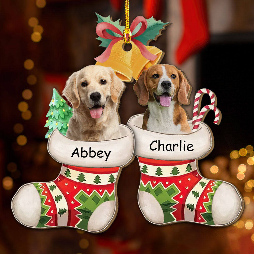 Custom Personalized 1 - layered Wood Ornament with Stocking Photo - Ideal for Pet Lovers