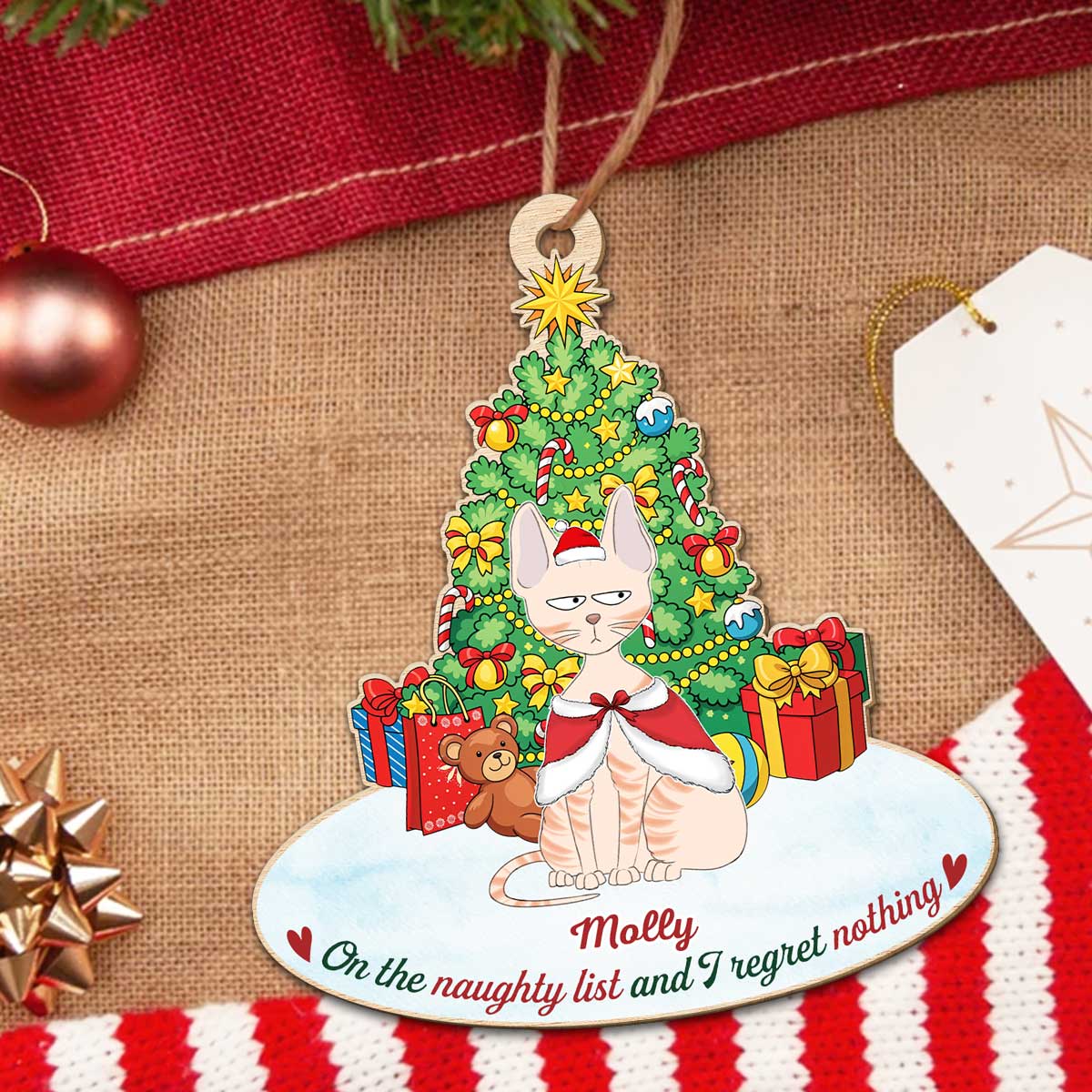 On The Naughty List Personalized Custom Christmas Cat Wood Ornament