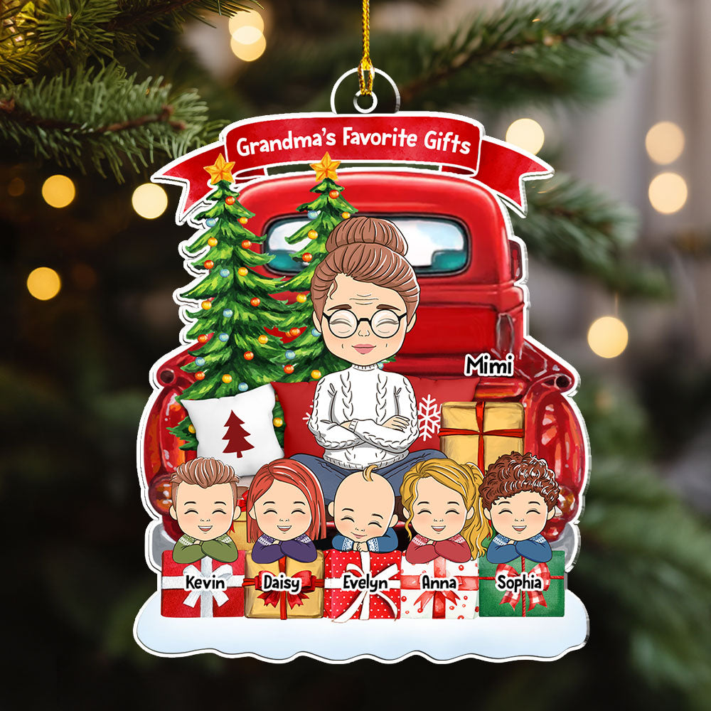 Grandma And Grandkids On Red Truck - Personalized Custom Acrylic Christmas Ornament (4' Diameter, 0.2' Thickness)