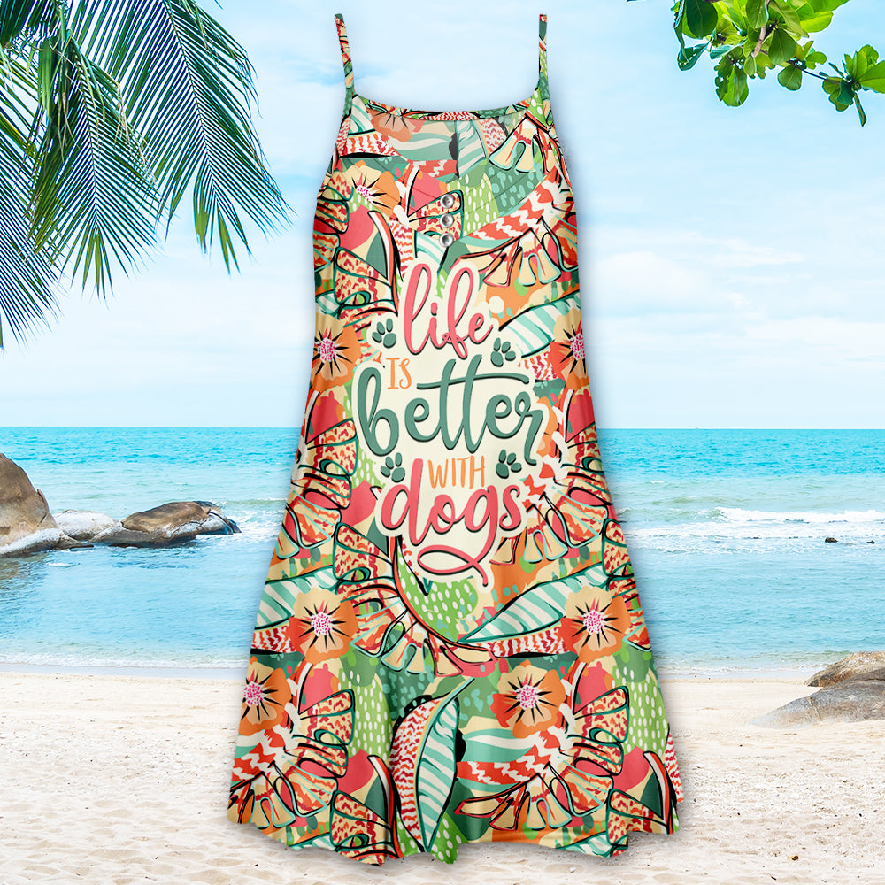 Life Is Better With Dogs Pattern Pink - Chic Adjustable Strap Dress for Dog Lovers