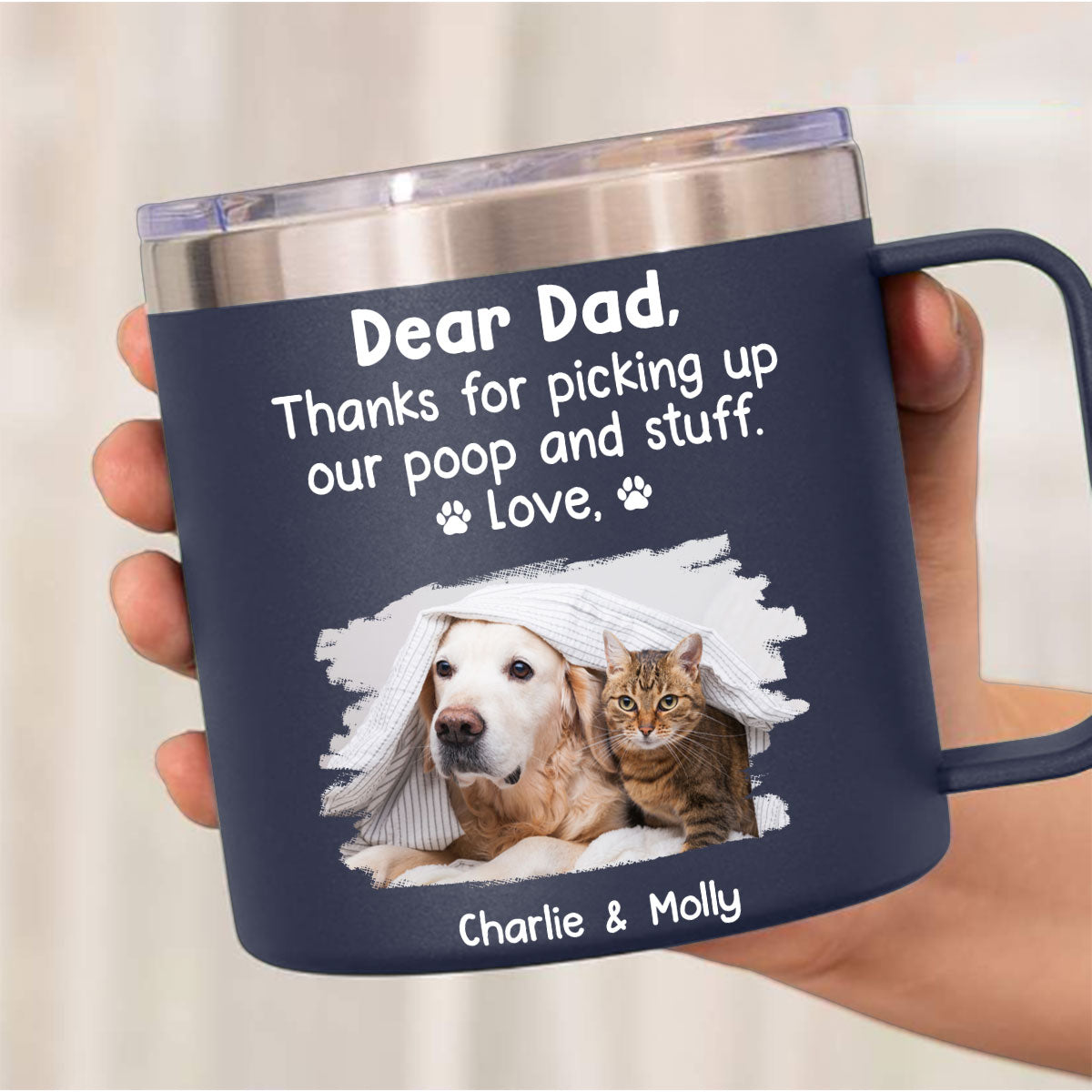 Personalized 14oz Stainless Steel Tumbler with Handle - Thanks For Being My Human Servant Photo