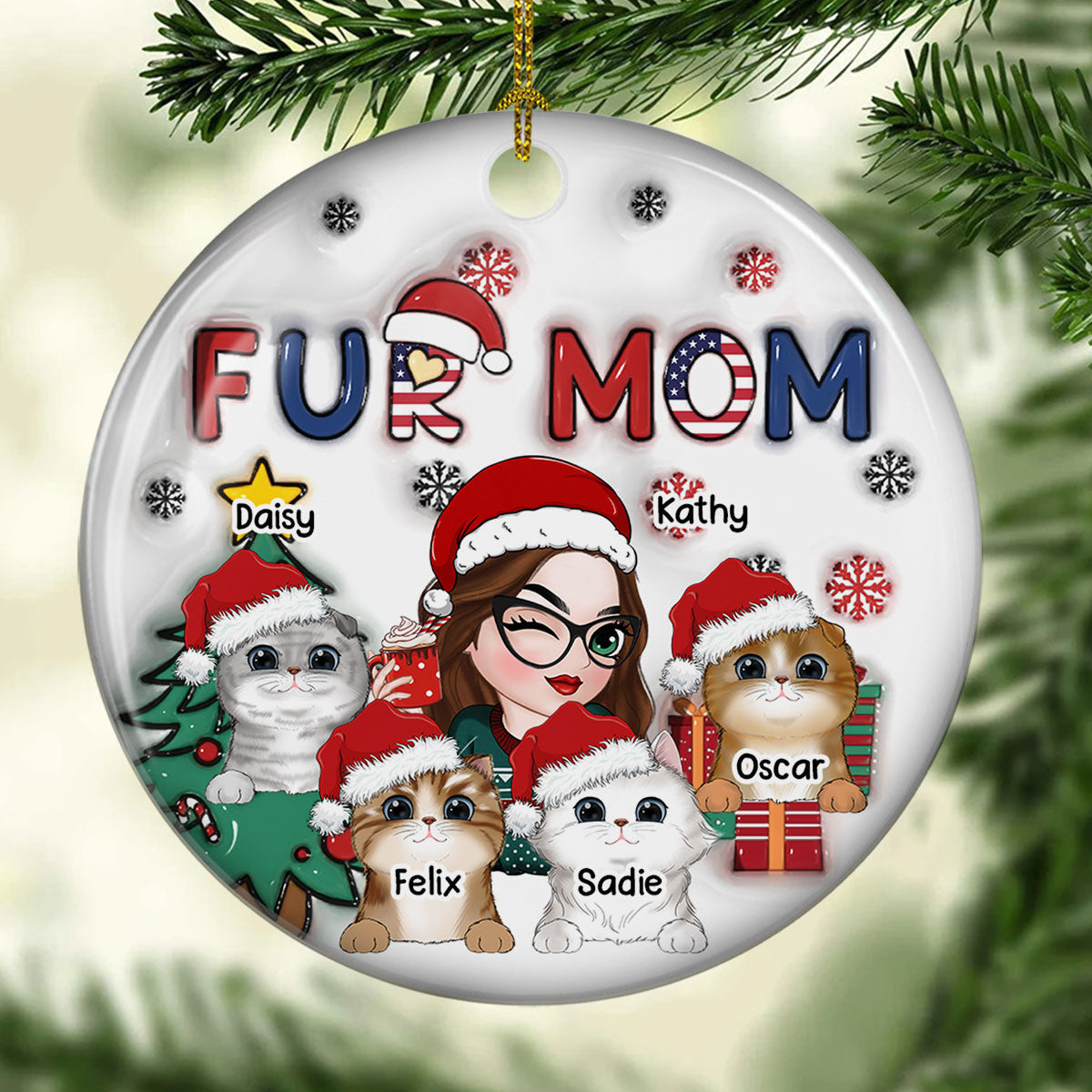 Customizable American Fur Mom Christmas 3D Inflated Effect Personalized Ceramic Ornament