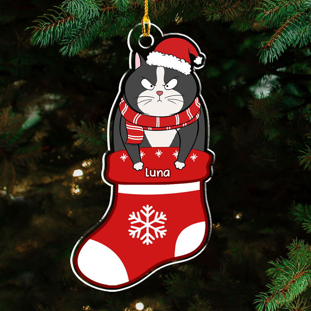 Personalized Custom Cat in Stocking Acrylic Christmas Ornament - 4' Diameter, 0.2' Thickness