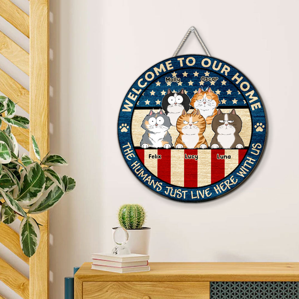 Welcome To Our Home Personalized Custom Wood Sign with Peeking Cat - High - Quality, Vibrant, Various Sizes