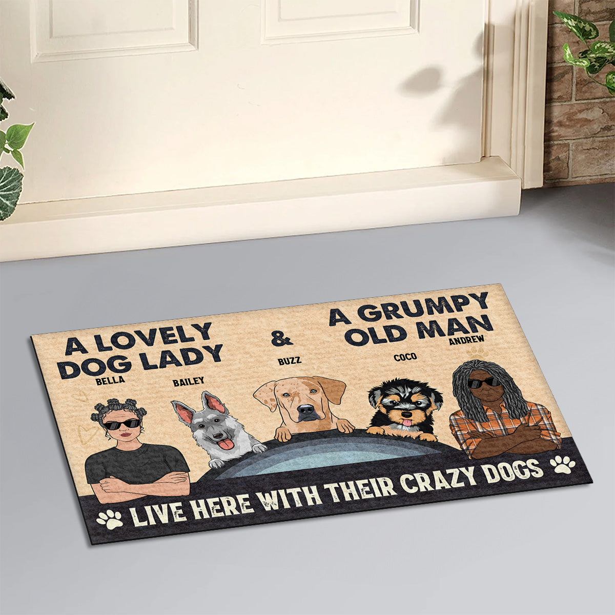Lovely Dog Lady And Grumpy Old Man - Personalized Custom Doormat with Your Pet's Picture