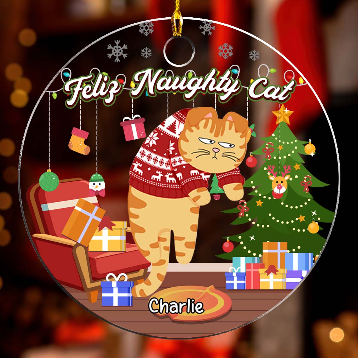 Feliz Naughty Cats - Exquisitely Personalized Custom Acrylic Christmas Ornament