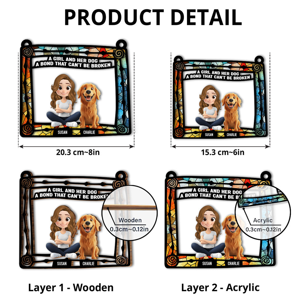 Personalized Custom Dog And Girl Sitting In Frame Suncatcher - Ideal Home Decor and Gift