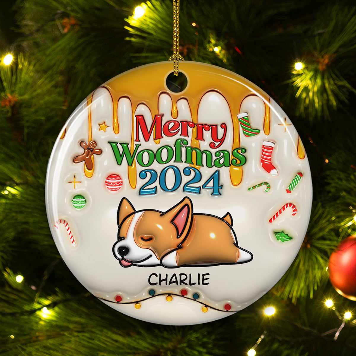 Happy Woofmas - Exclusive Personalized Custom 3D Inflated Effect White Ceramic Christmas Ornament (3' Diameter)
