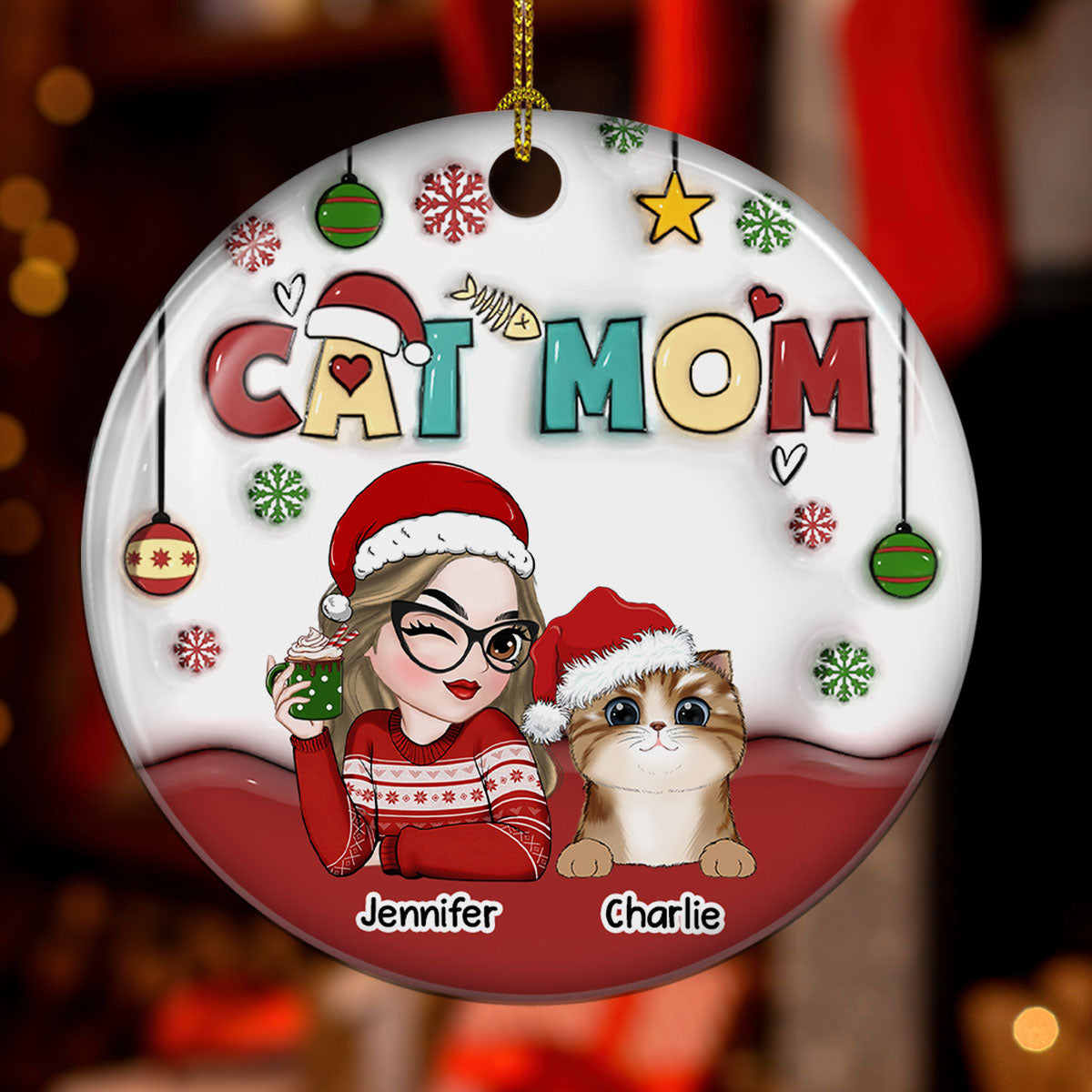 Personalized Custom 3D Inflated Effect Premium White Ceramic Ornament for Cat Moms