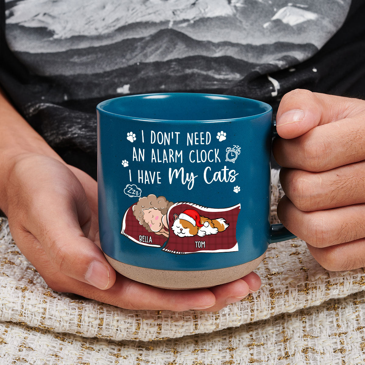 Personalized Custom Ceramic 11oz My Cat Alarm Clock Pottery Mug in Dark Blue or White