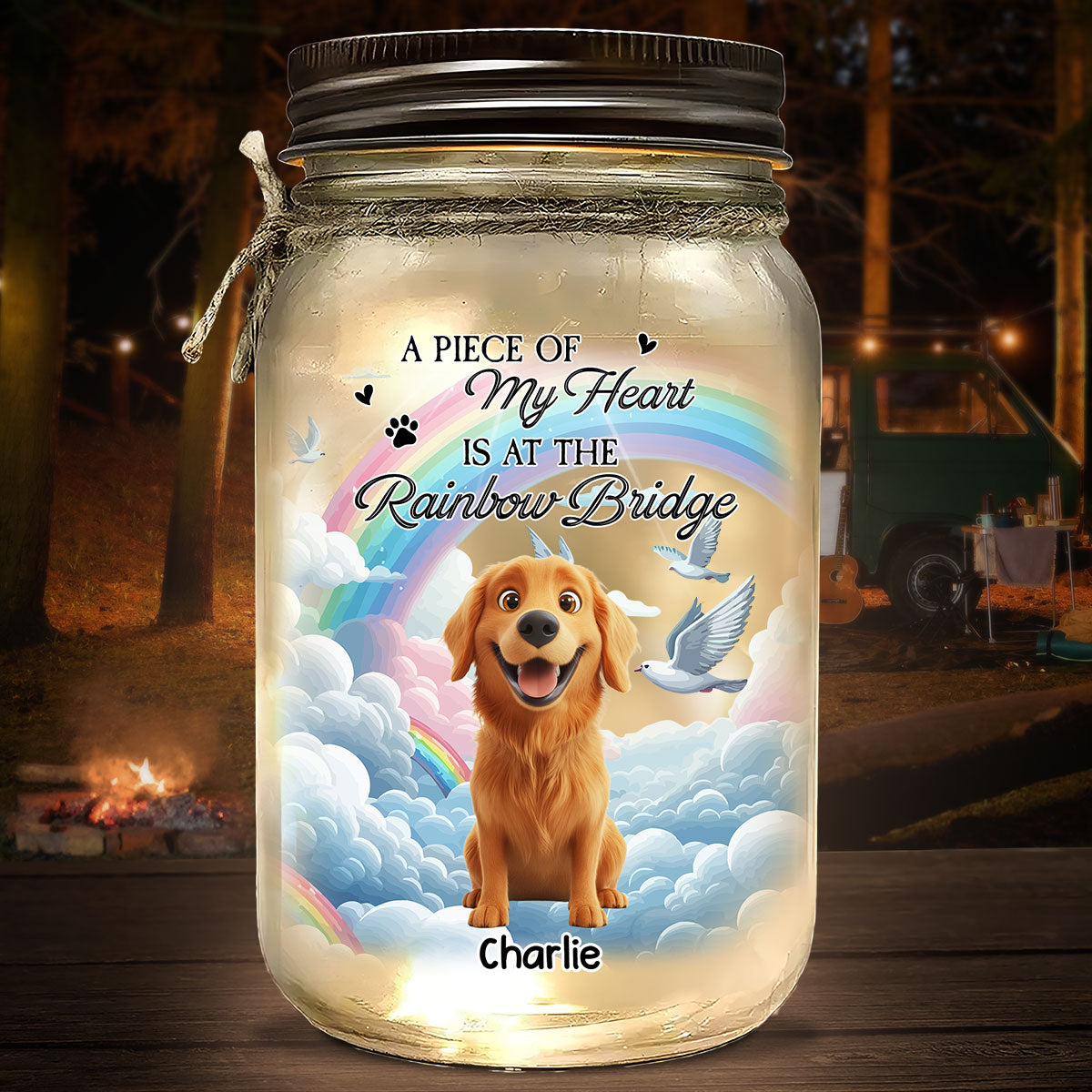 A Piece Of My Heart Is At The Rainbow Bridge - Personalized 16oz Custom Mason Jar Light with Warm Starlights