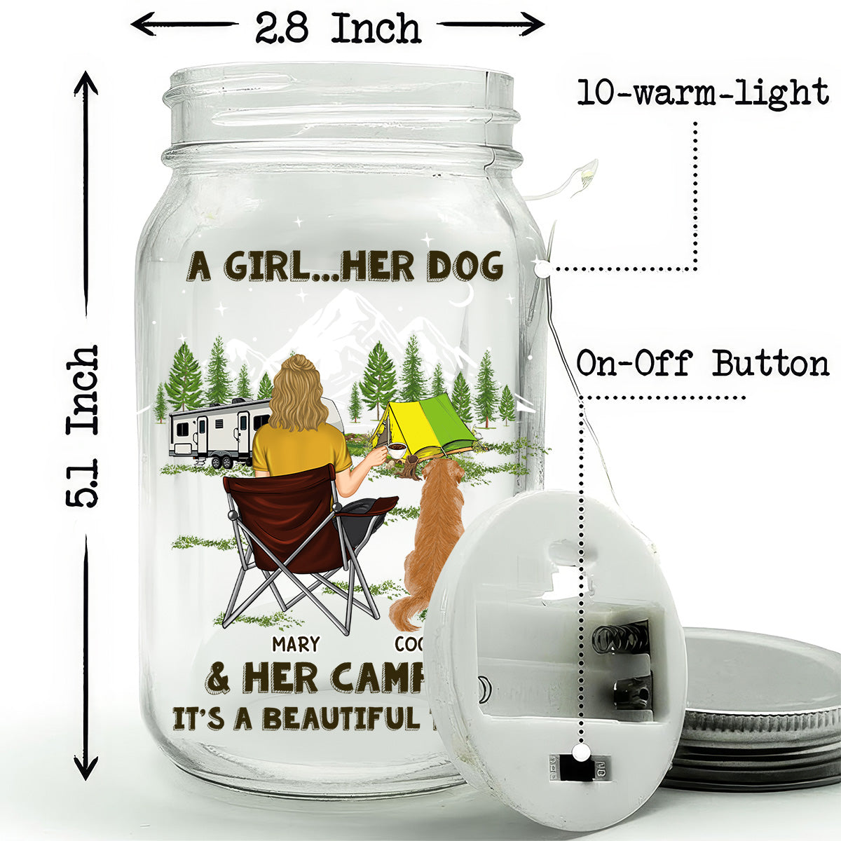 Personalized Custom Dogs And Camper Mason Jar Light - 16oz