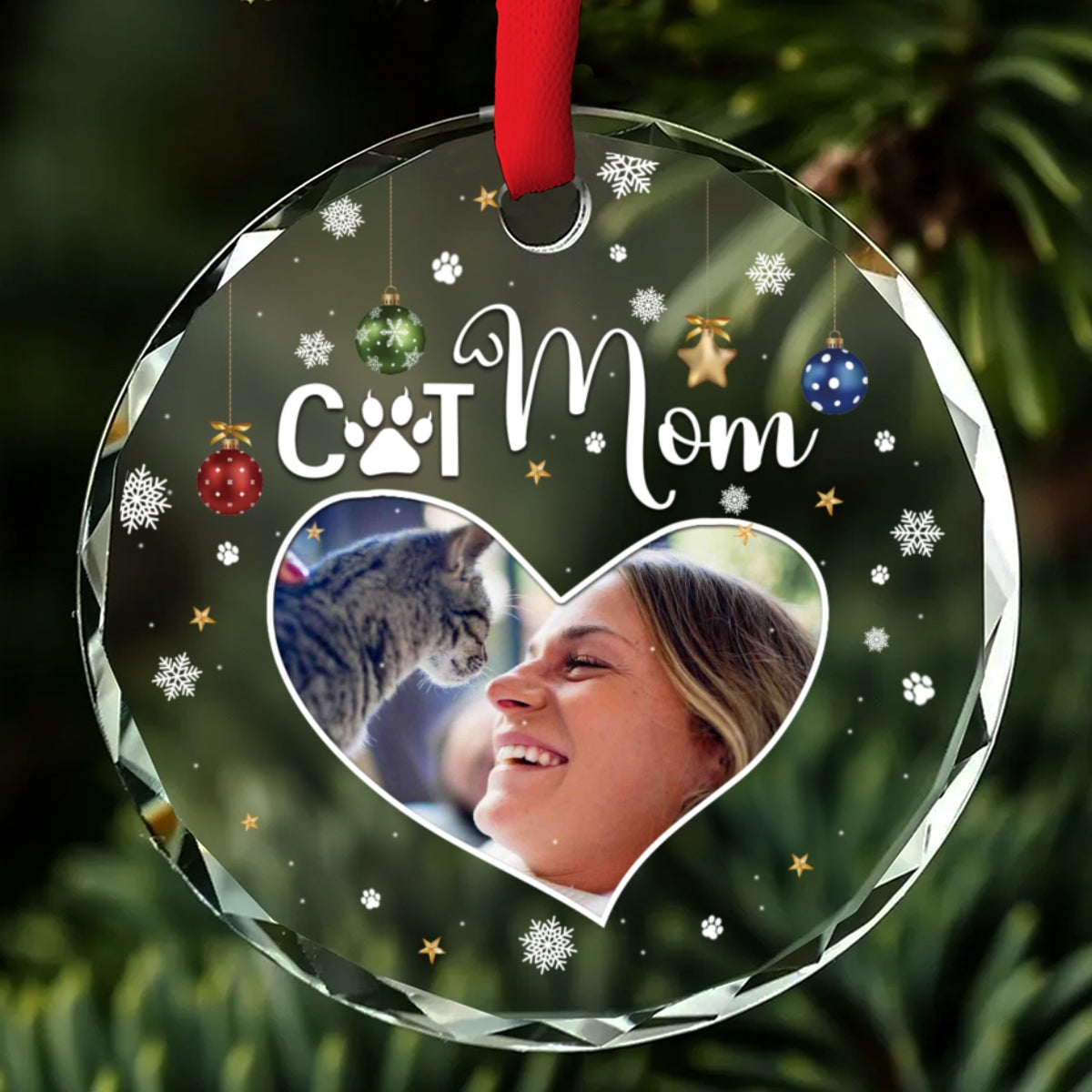 Personalized Custom Cat Mom Photo Glass Ornament - 8mm Thick, 3.07 Inches Tall