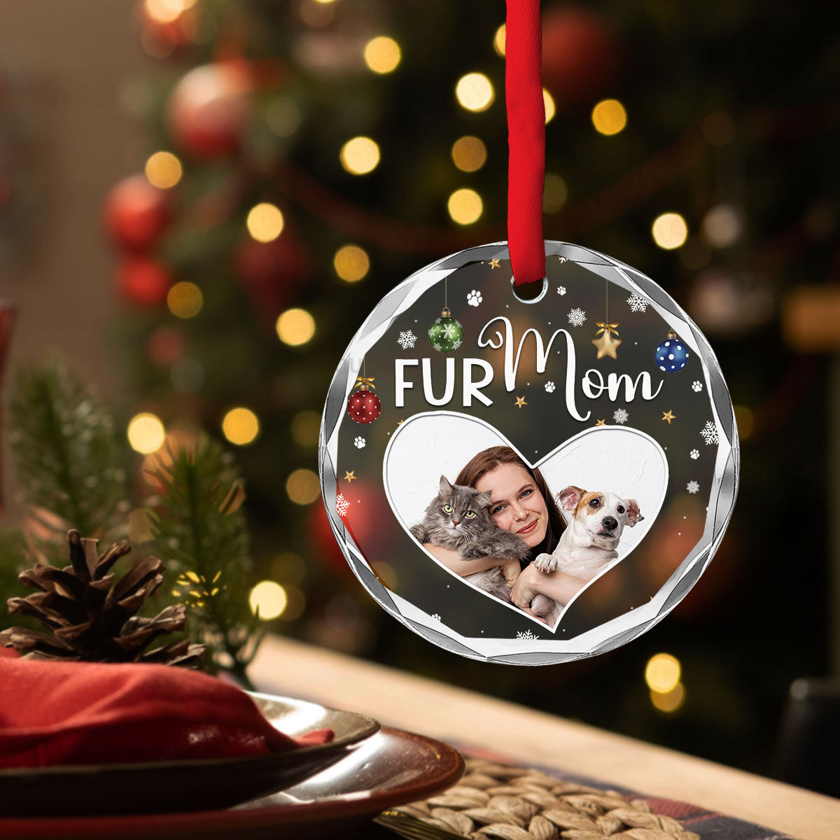 Fur Mom Personalized Custom Photo Glass Ornament - 8mm Thick, 3.07 Inches Tall