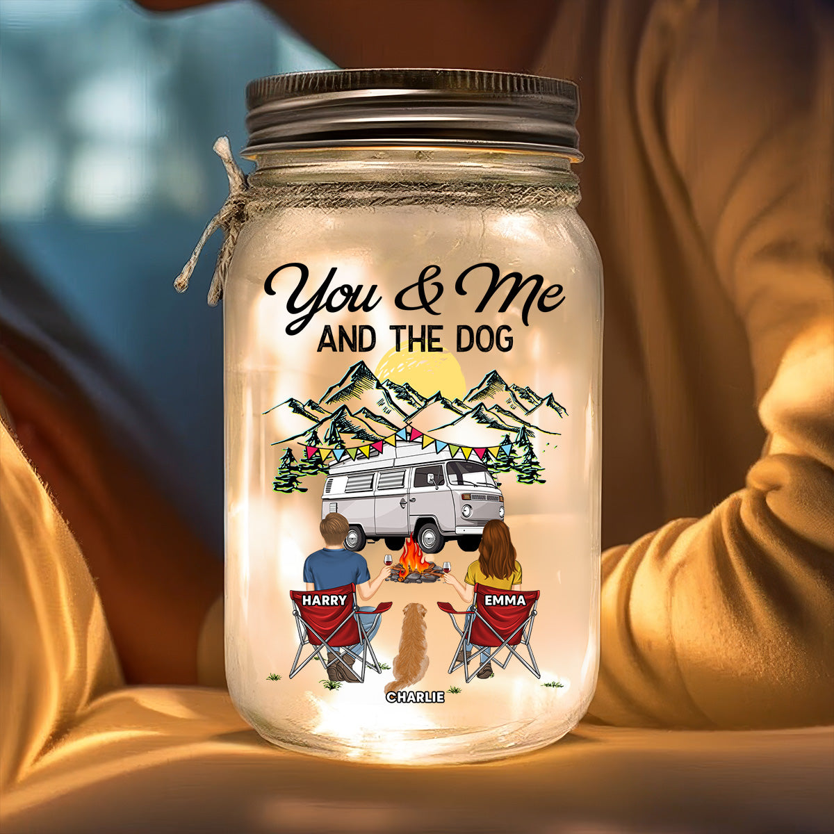 You & Me And The Dogs - Personalized Custom 16oz Mason Jar Light with Warm Starlight Effect