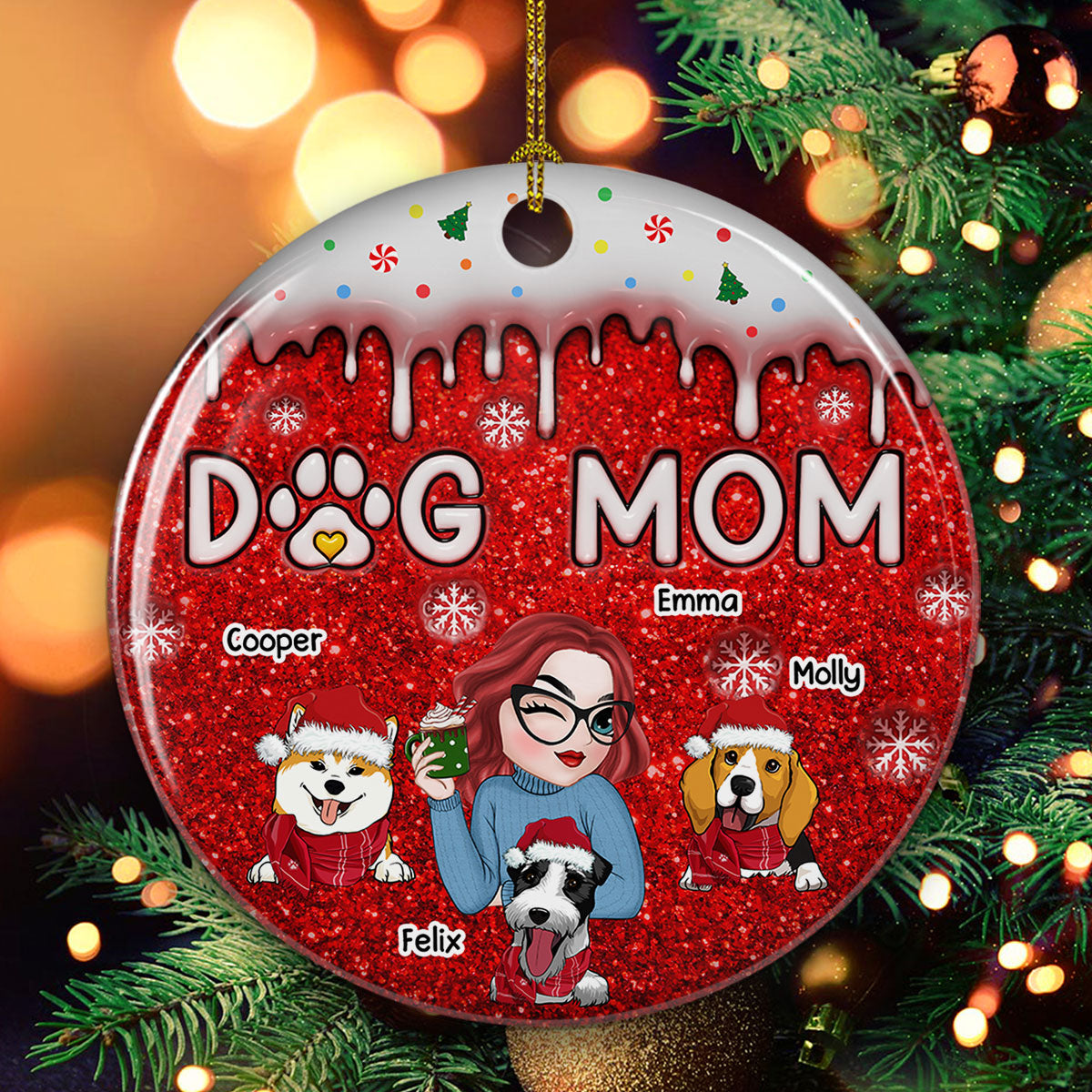 Customizable 3D Inflated Effect Premium White Ceramic Christmas Ornament for Dog Moms