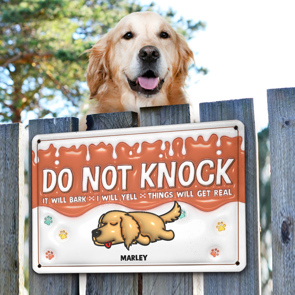 Customizable 3D Inflated Effect Metal Sign - Do Not Knock, My Dogs Will Bark! Ideal for Home & Office Decor