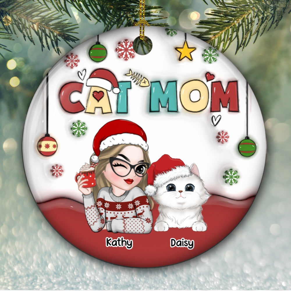 Personalized Custom 3D Inflated Effect Premium White Ceramic Ornament for Cat Moms