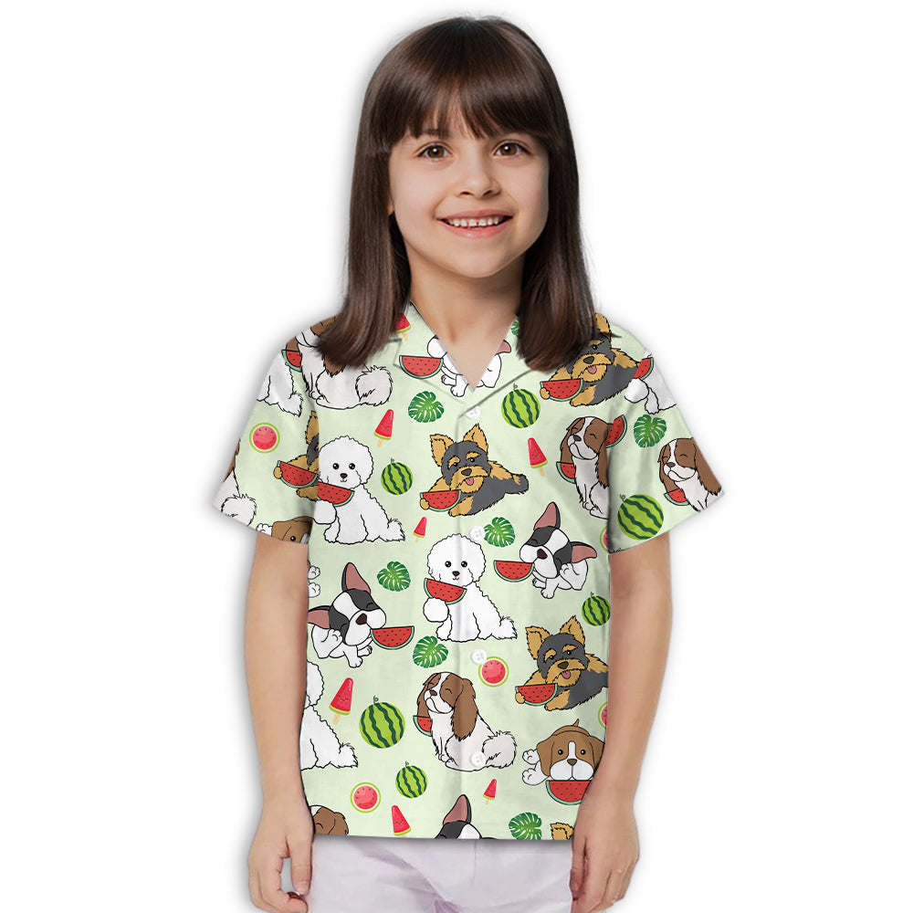 Adorable Dog Eats Watermelon Green Kids' Button - up Shirt