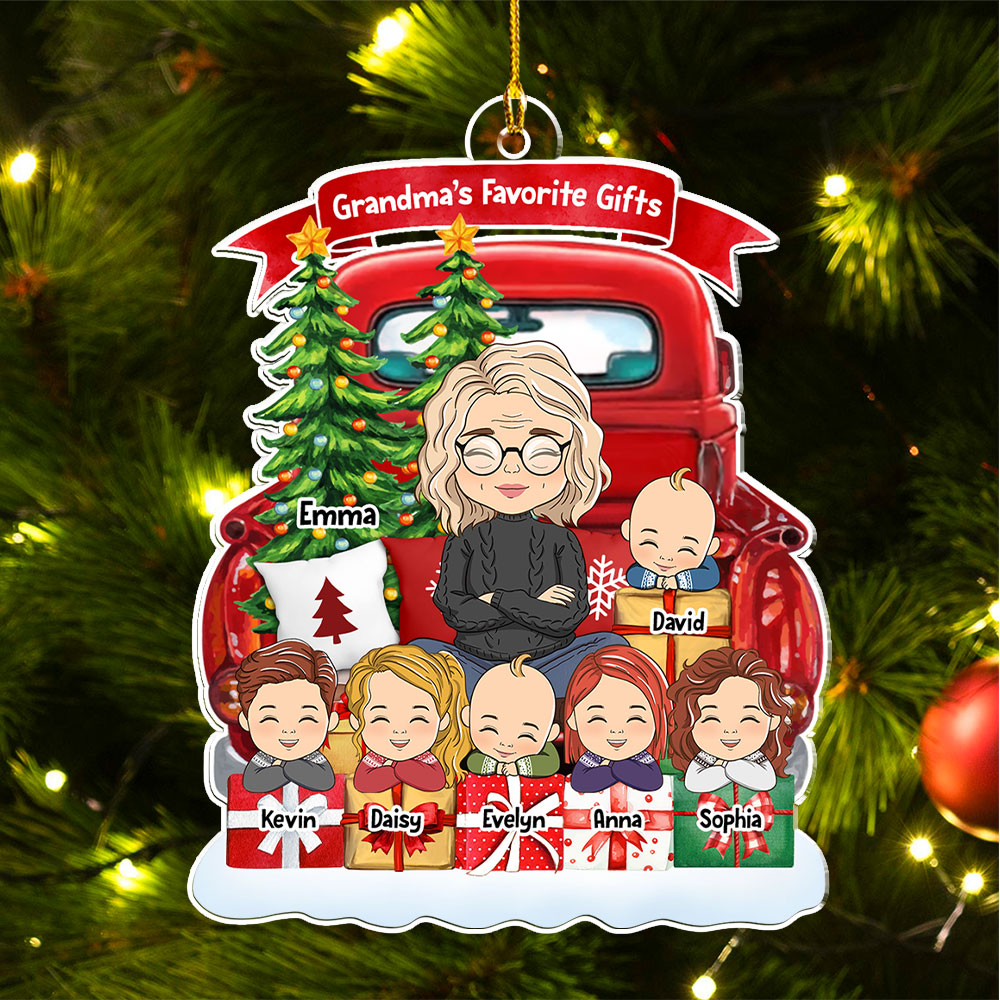 Grandma And Grandkids On Red Truck - Personalized Custom Acrylic Christmas Ornament (4' Diameter, 0.2' Thickness)