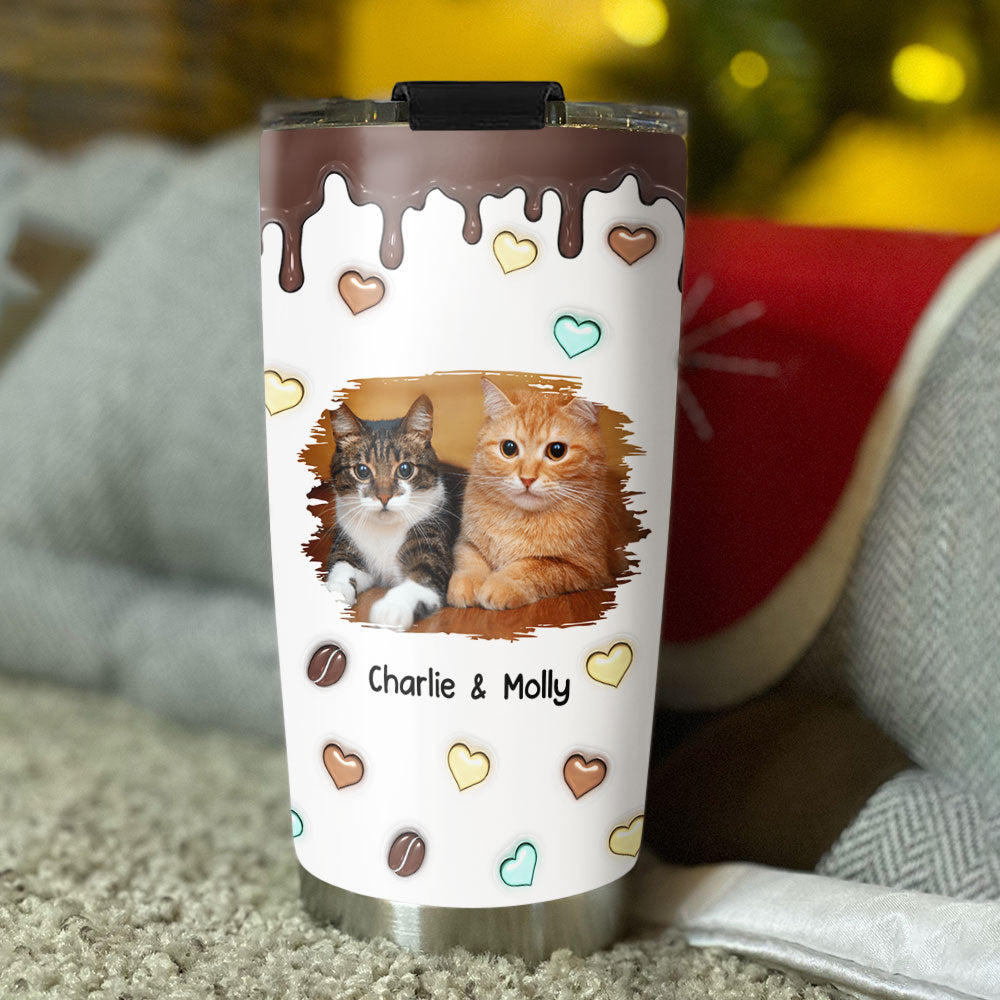Unique Personalized Custom 3D Inflated Coffee And Cat Photo Tumbler - 20oz High - Quality Stainless Steel