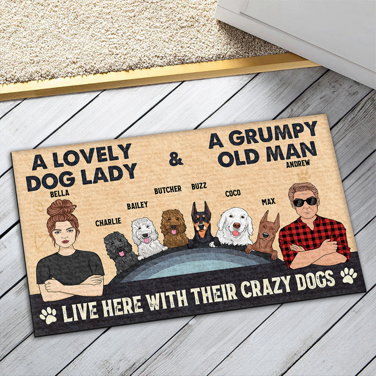 Lovely Dog Lady And Grumpy Old Man - Personalized Custom Doormat with Your Pet's Picture