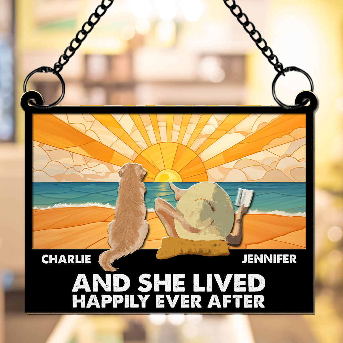 Happily Ever After - Personalized Custom Acrylic Plexiglass Suncatcher with Natural Wood Front in 6 - 8 Inches