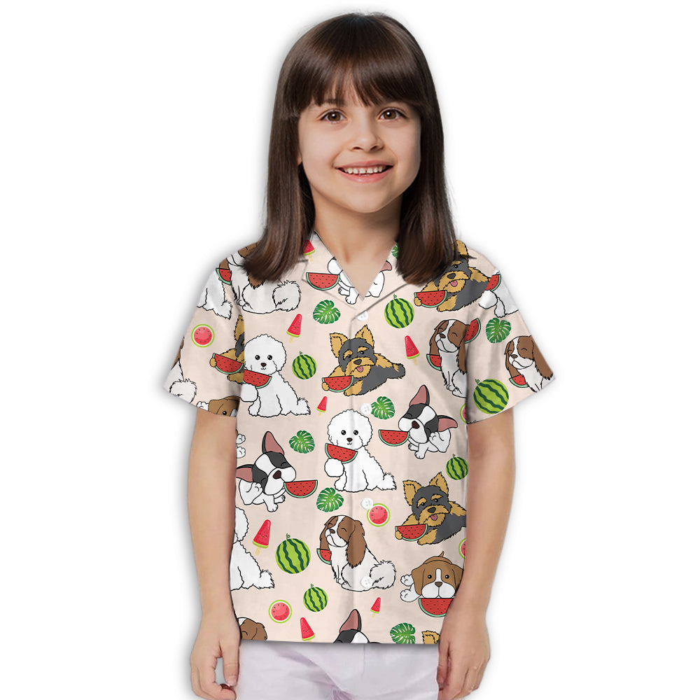 Adorable Dog Eating Watermelon Pink Kids' Button - up Shirt